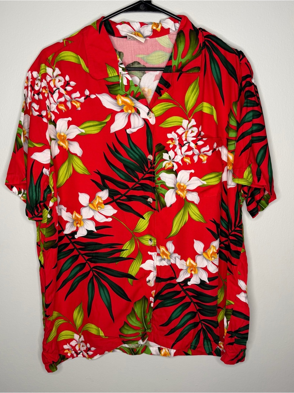 GO BAREFOOT Womens Hawaiian S/S Button Shirt XL Red Floral Tropical Surf